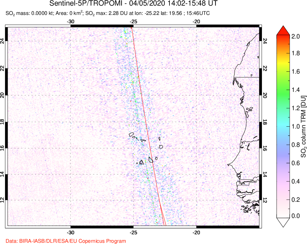 A sulfur dioxide image over Cape Verde Islands on Apr 05, 2020.