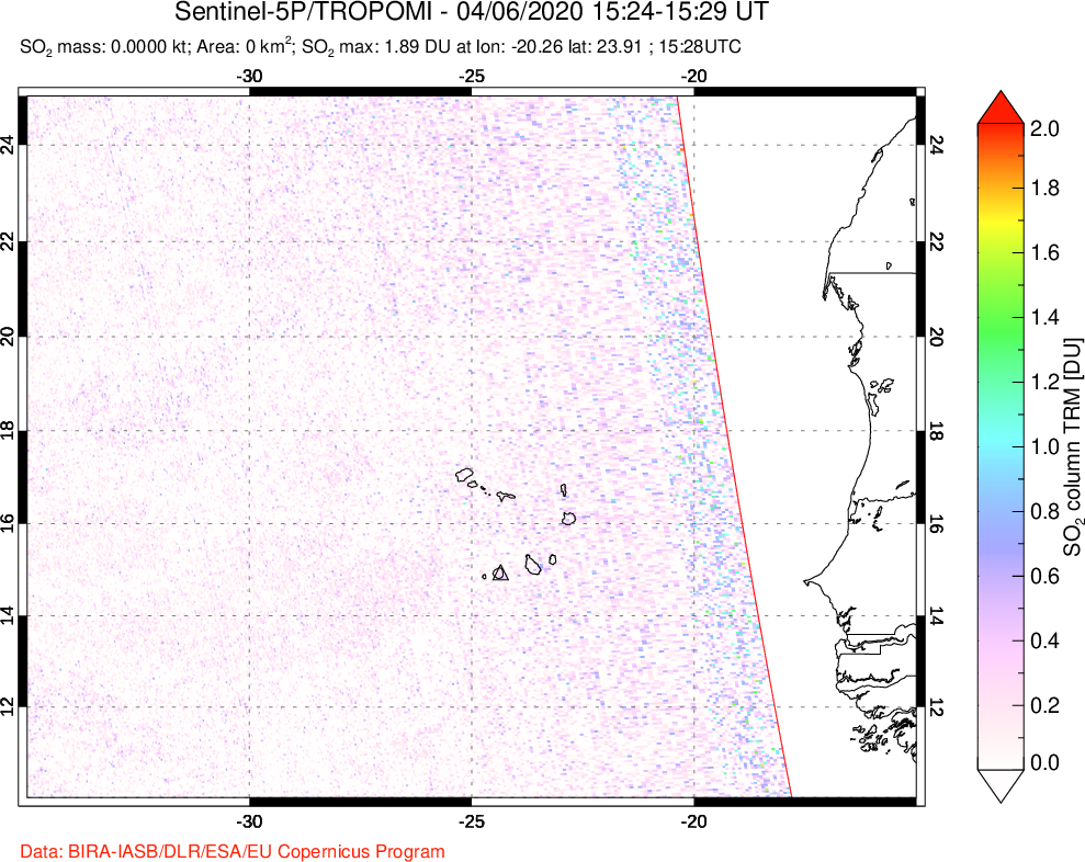 A sulfur dioxide image over Cape Verde Islands on Apr 06, 2020.