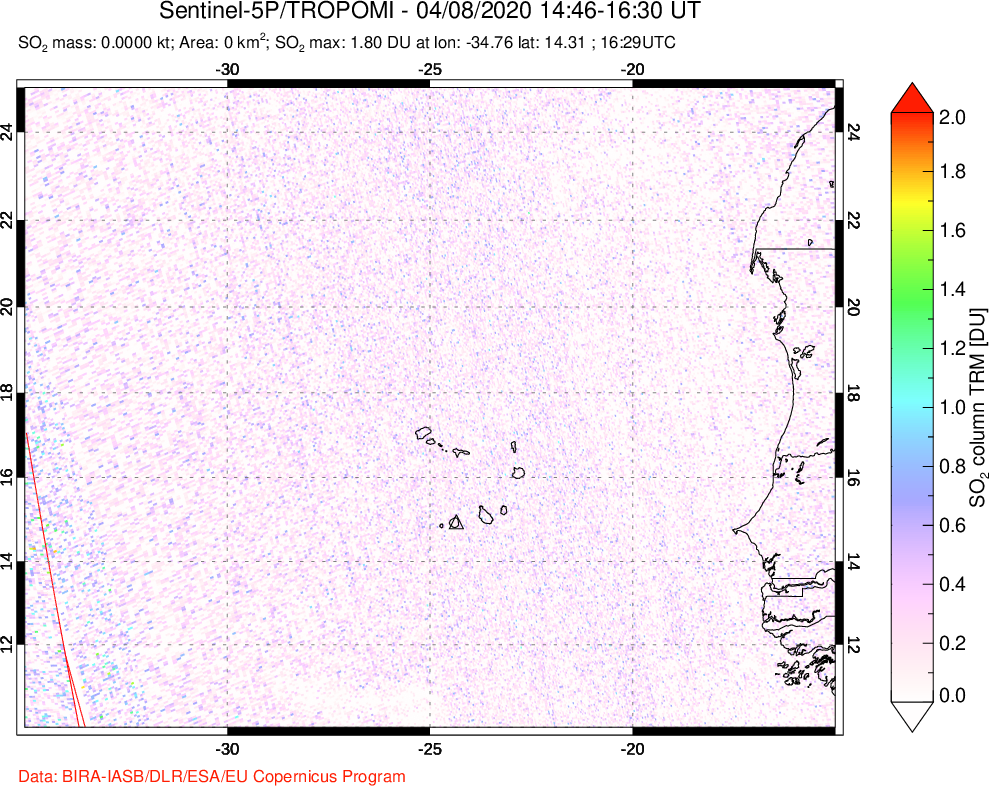 A sulfur dioxide image over Cape Verde Islands on Apr 08, 2020.