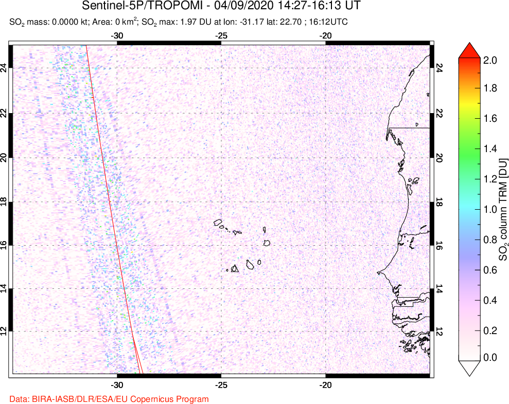 A sulfur dioxide image over Cape Verde Islands on Apr 09, 2020.