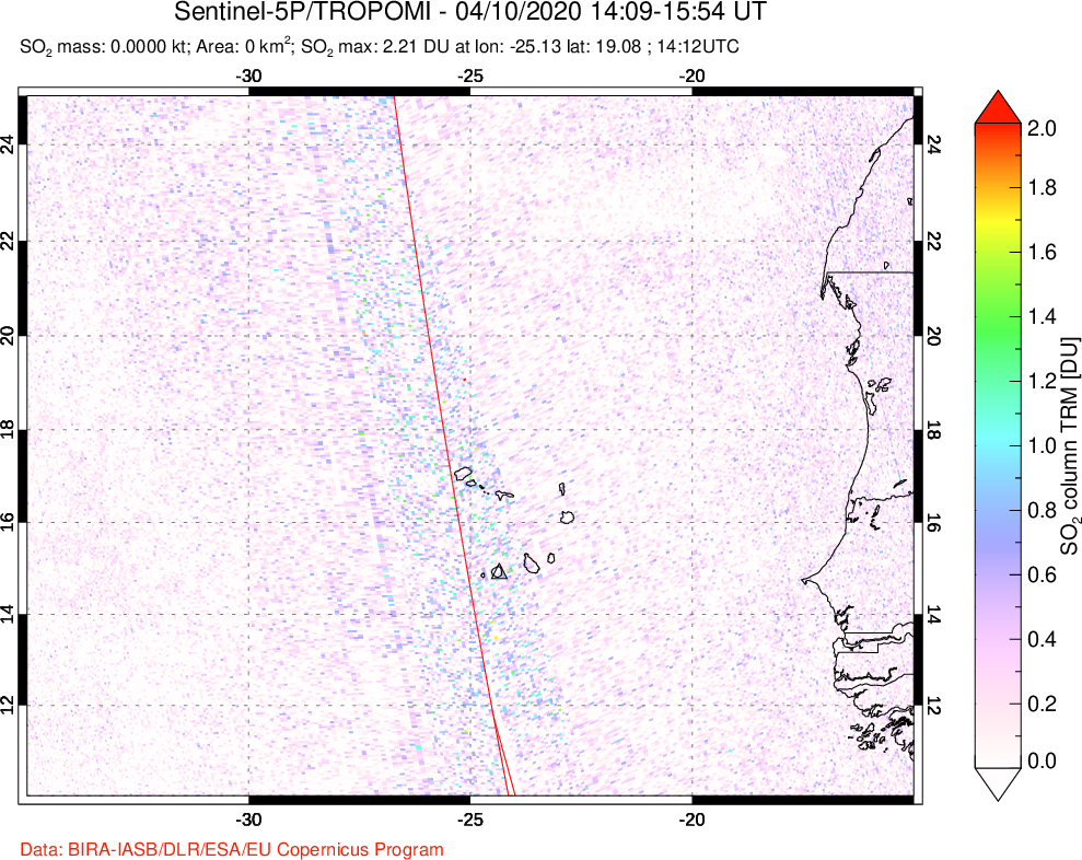 A sulfur dioxide image over Cape Verde Islands on Apr 10, 2020.