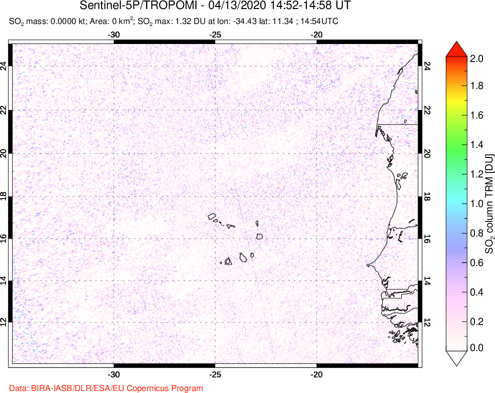 A sulfur dioxide image over Cape Verde Islands on Apr 13, 2020.