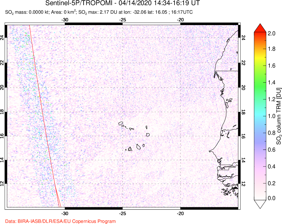 A sulfur dioxide image over Cape Verde Islands on Apr 14, 2020.