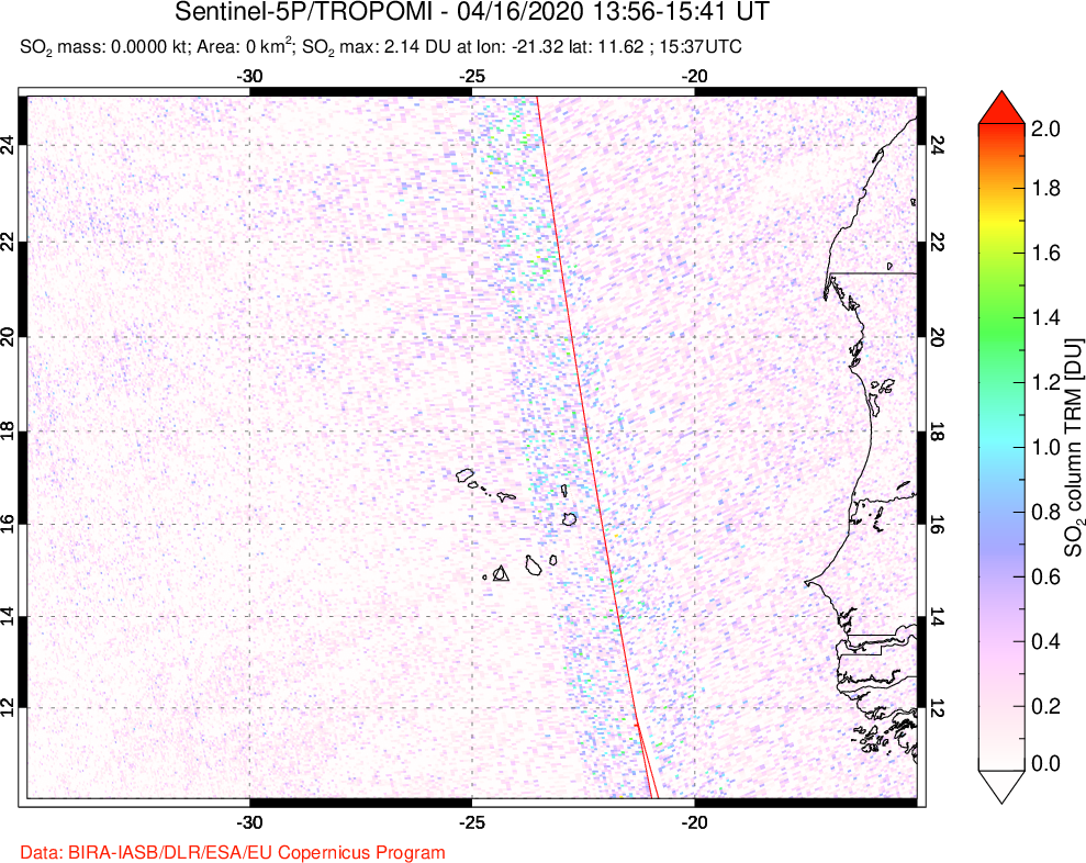 A sulfur dioxide image over Cape Verde Islands on Apr 16, 2020.