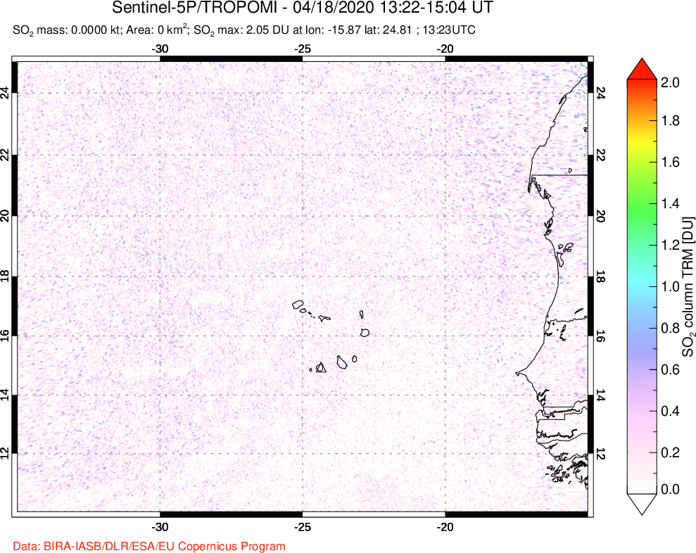 A sulfur dioxide image over Cape Verde Islands on Apr 18, 2020.