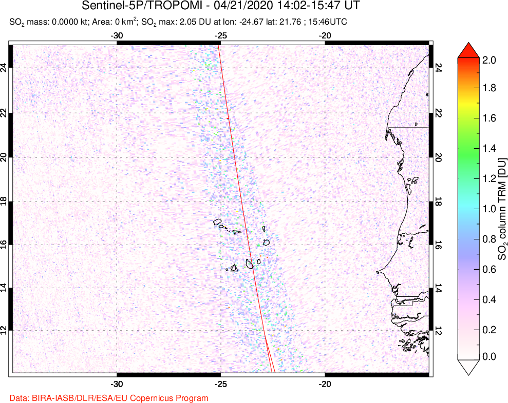 A sulfur dioxide image over Cape Verde Islands on Apr 21, 2020.