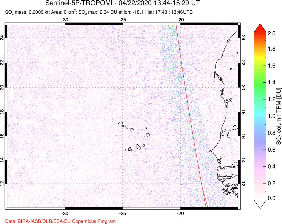 A sulfur dioxide image over Cape Verde Islands on Apr 22, 2020.
