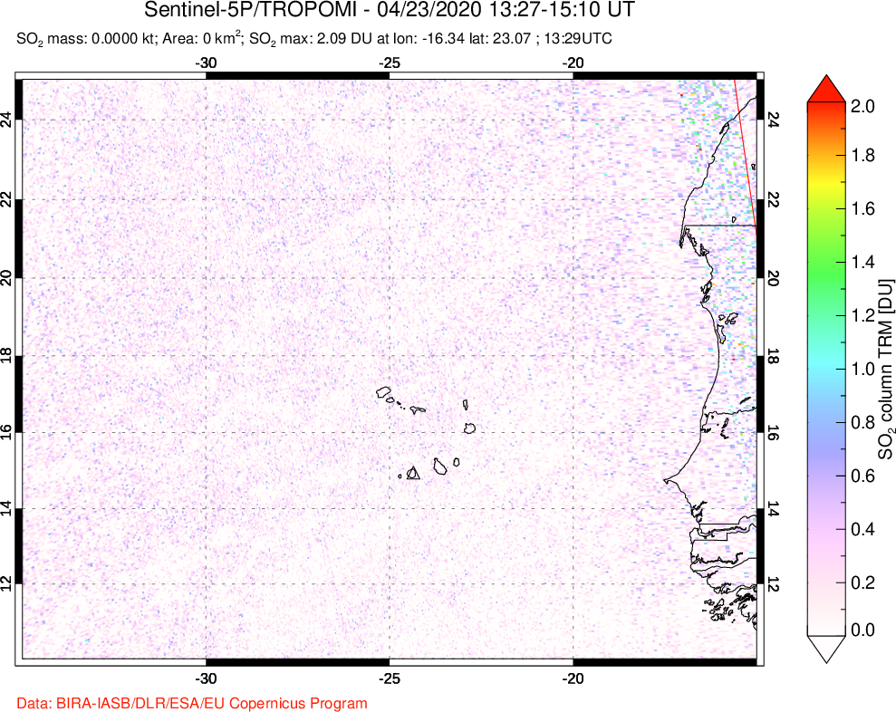 A sulfur dioxide image over Cape Verde Islands on Apr 23, 2020.