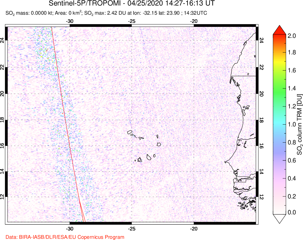 A sulfur dioxide image over Cape Verde Islands on Apr 25, 2020.