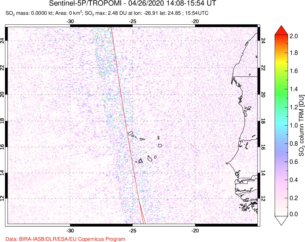 A sulfur dioxide image over Cape Verde Islands on Apr 26, 2020.