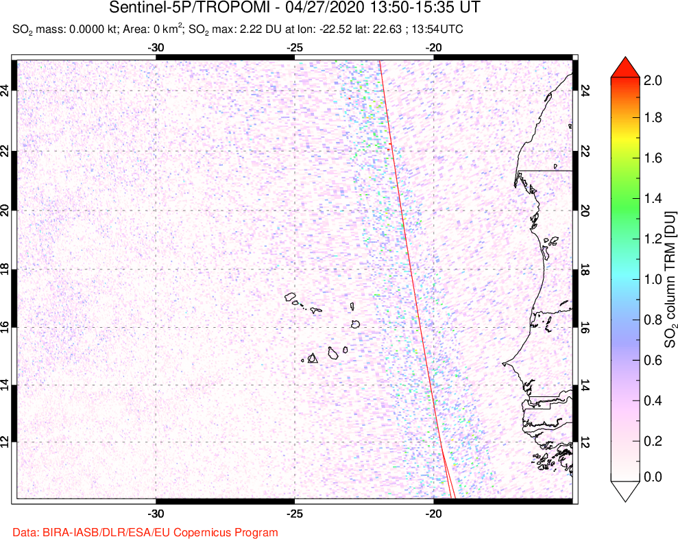A sulfur dioxide image over Cape Verde Islands on Apr 27, 2020.