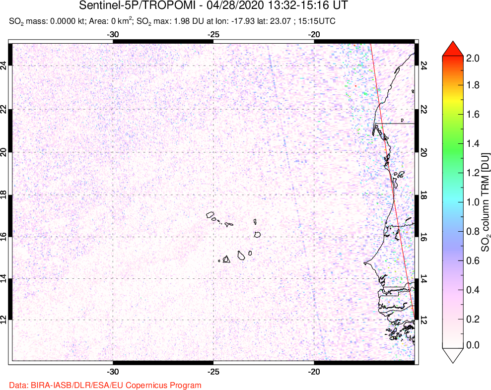 A sulfur dioxide image over Cape Verde Islands on Apr 28, 2020.
