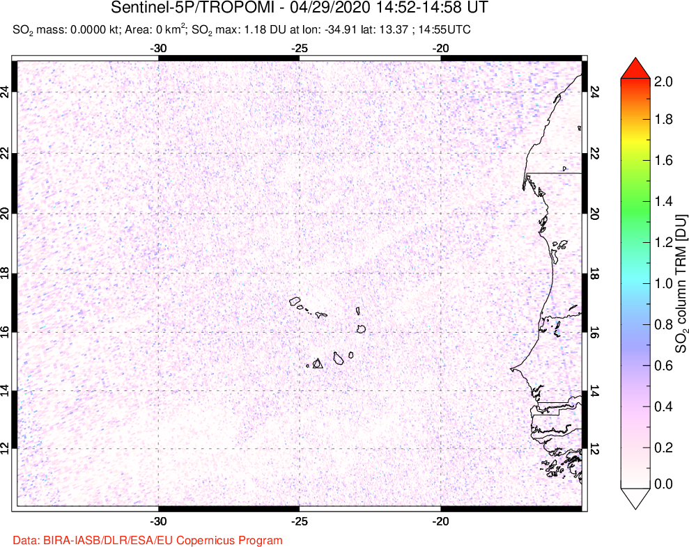 A sulfur dioxide image over Cape Verde Islands on Apr 29, 2020.