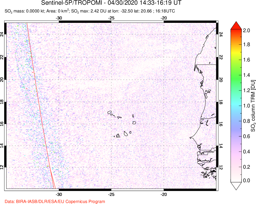 A sulfur dioxide image over Cape Verde Islands on Apr 30, 2020.