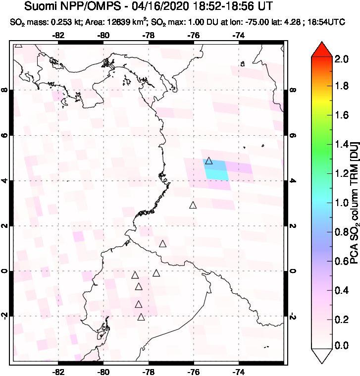 A sulfur dioxide image over Ecuador on Apr 16, 2020.