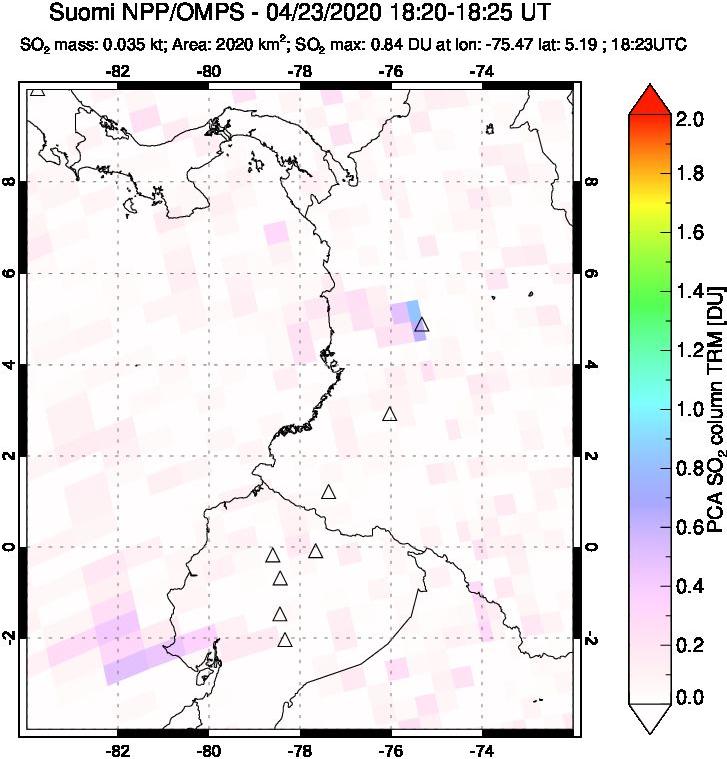 A sulfur dioxide image over Ecuador on Apr 23, 2020.