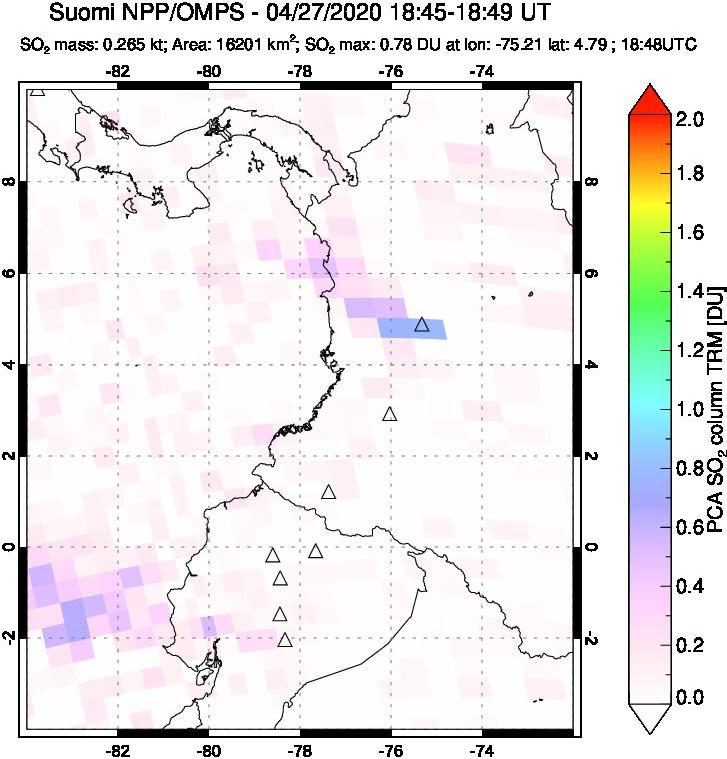 A sulfur dioxide image over Ecuador on Apr 27, 2020.