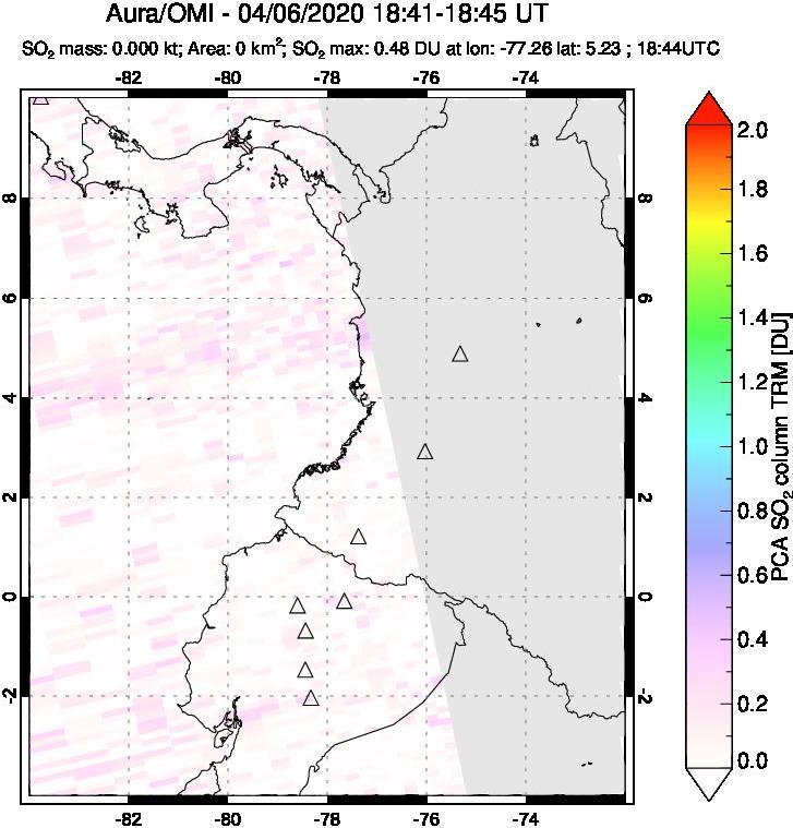 A sulfur dioxide image over Ecuador on Apr 06, 2020.
