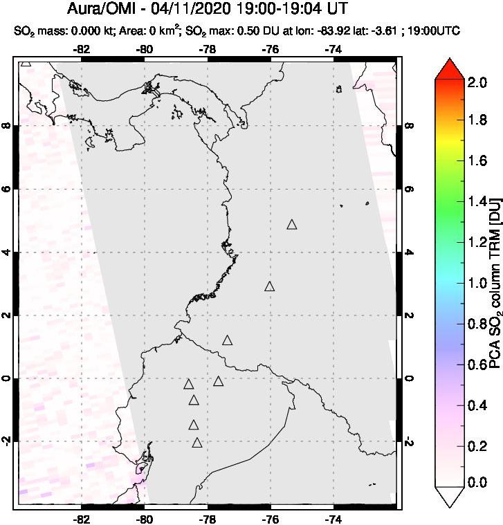 A sulfur dioxide image over Ecuador on Apr 11, 2020.