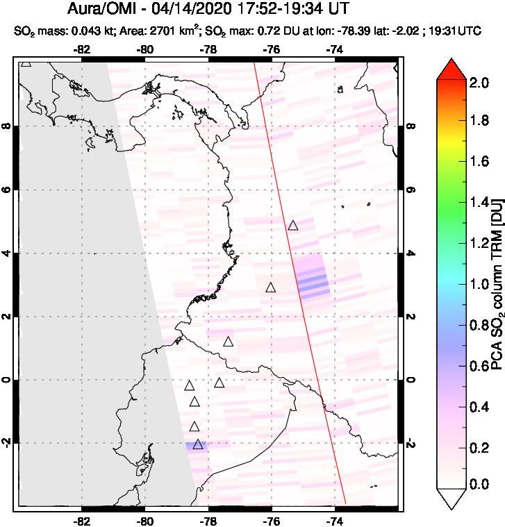 A sulfur dioxide image over Ecuador on Apr 14, 2020.