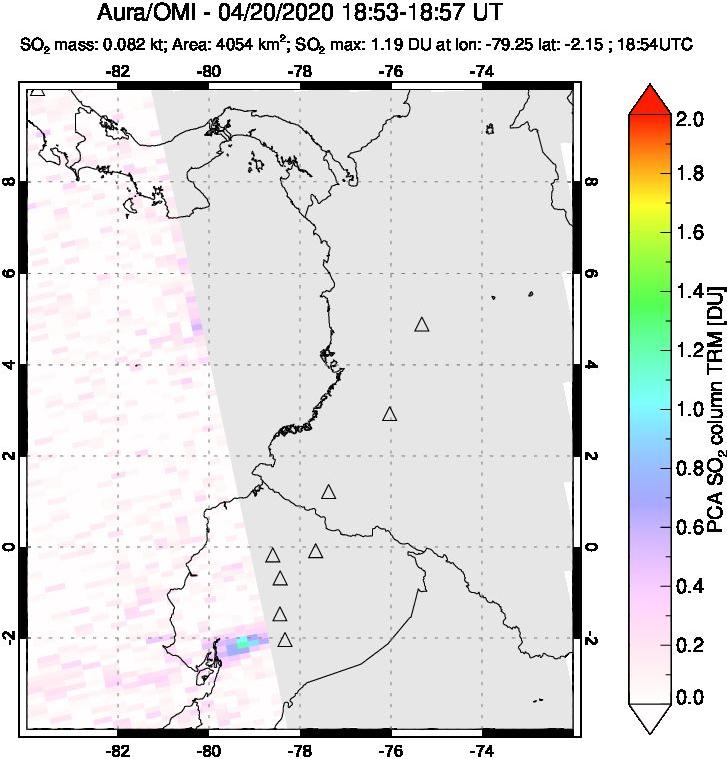 A sulfur dioxide image over Ecuador on Apr 20, 2020.
