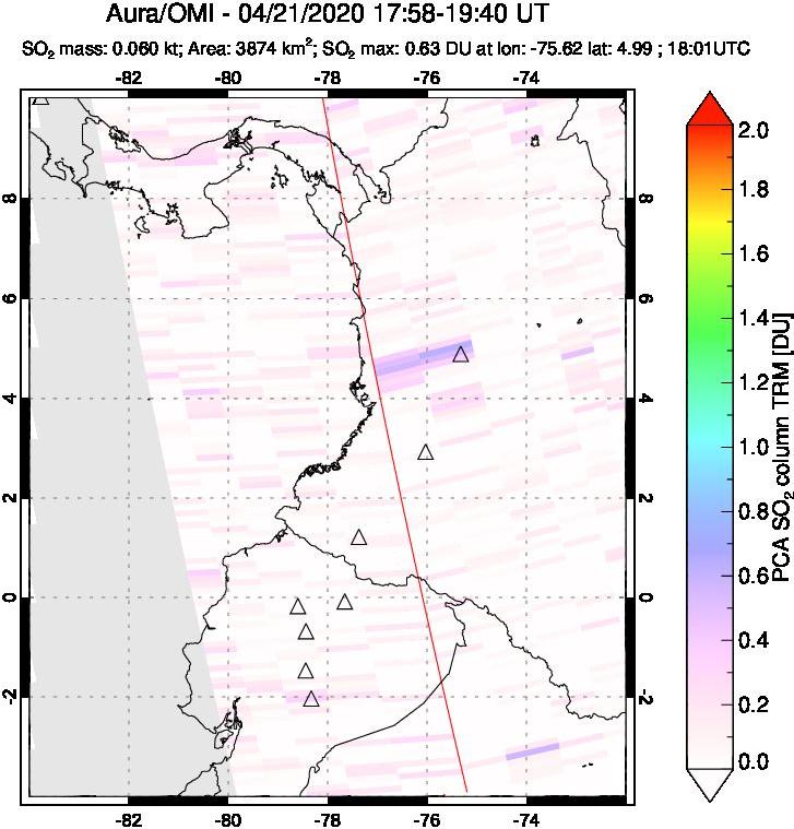 A sulfur dioxide image over Ecuador on Apr 21, 2020.