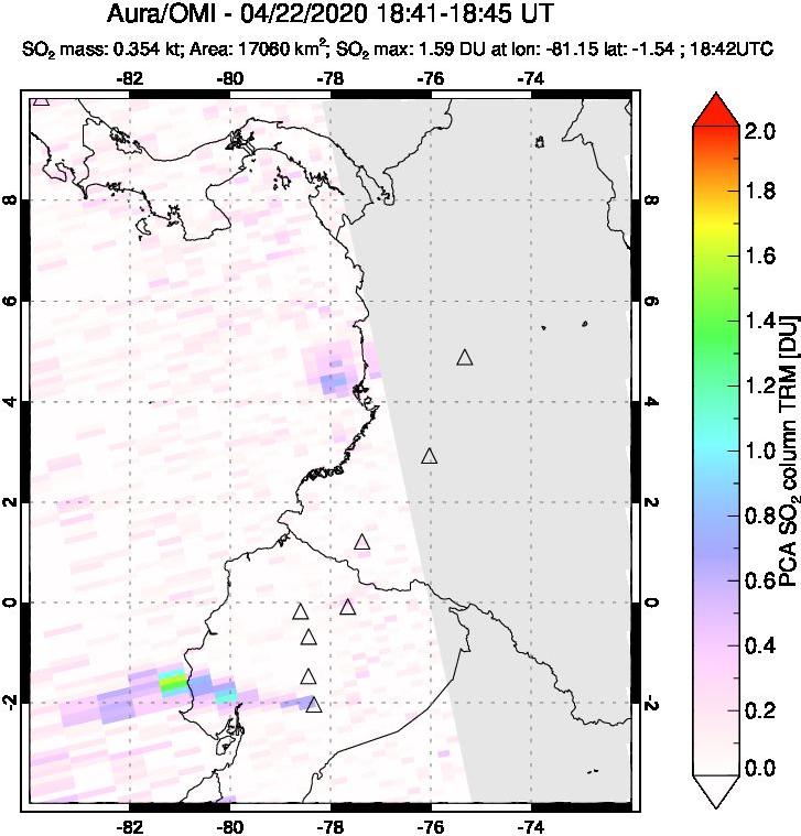 A sulfur dioxide image over Ecuador on Apr 22, 2020.