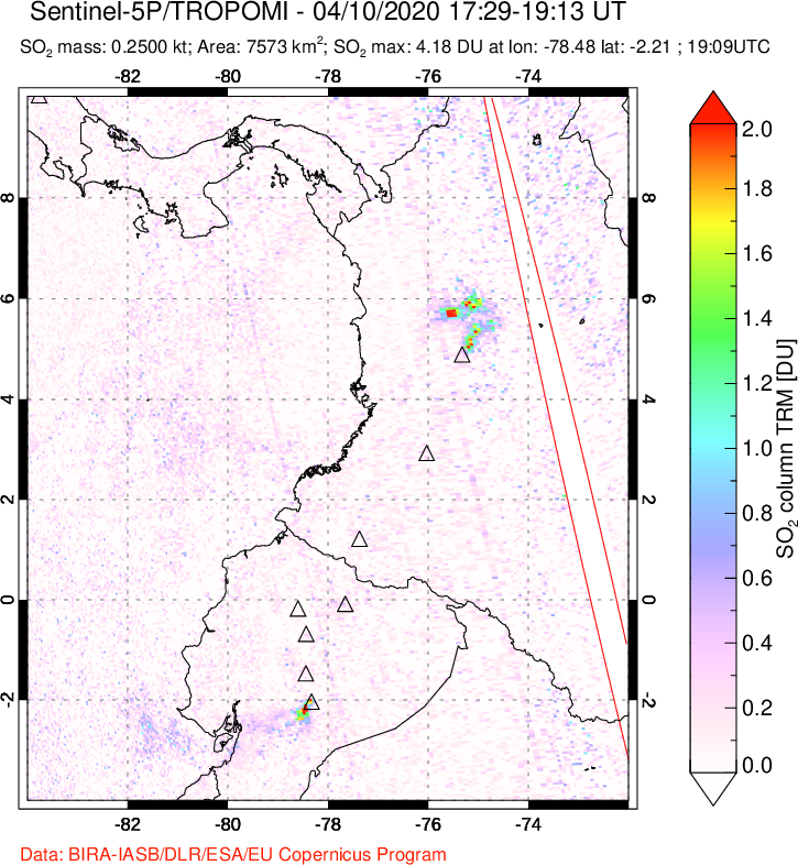 A sulfur dioxide image over Ecuador on Apr 10, 2020.