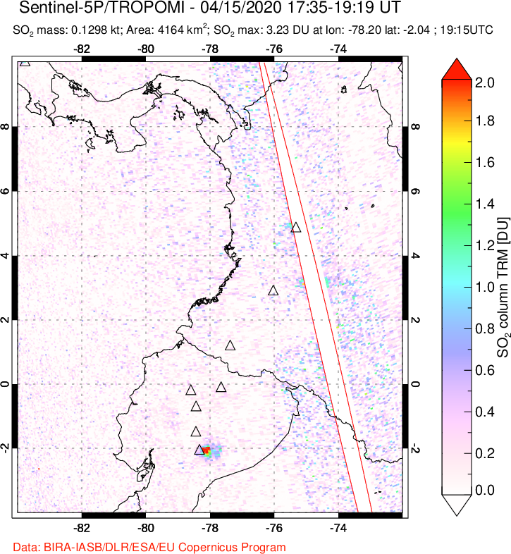 A sulfur dioxide image over Ecuador on Apr 15, 2020.