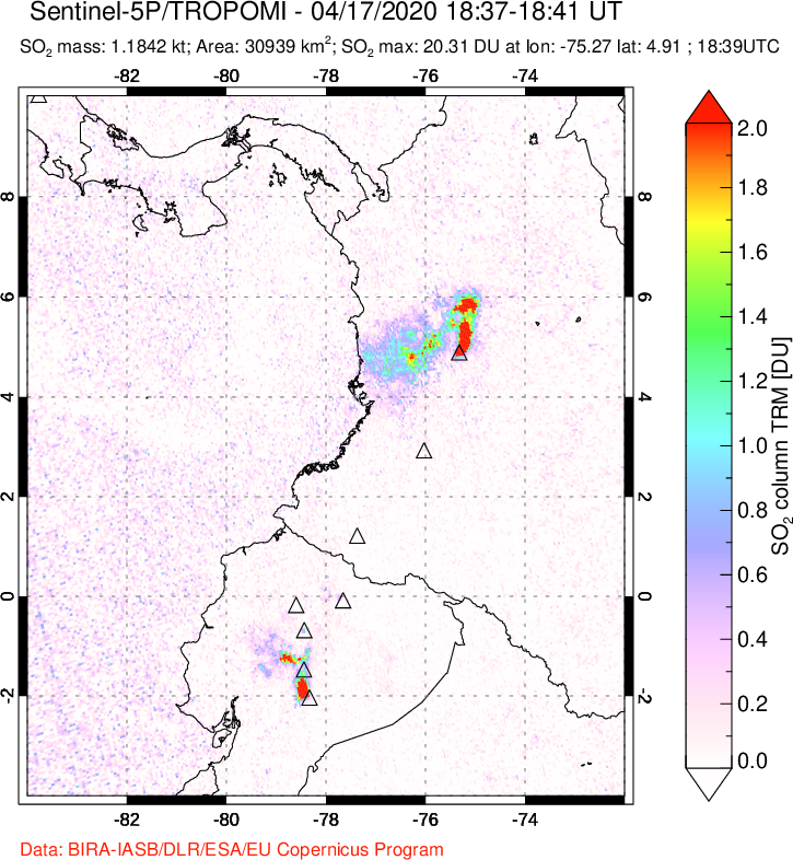 A sulfur dioxide image over Ecuador on Apr 17, 2020.