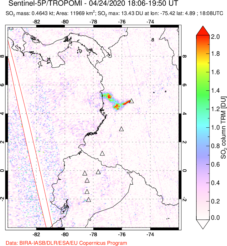 A sulfur dioxide image over Ecuador on Apr 24, 2020.