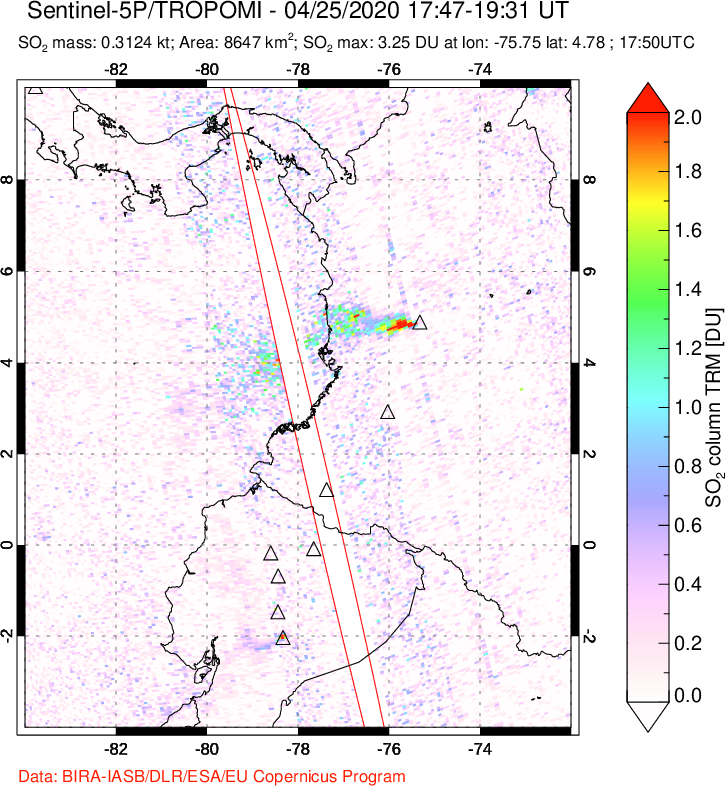 A sulfur dioxide image over Ecuador on Apr 25, 2020.