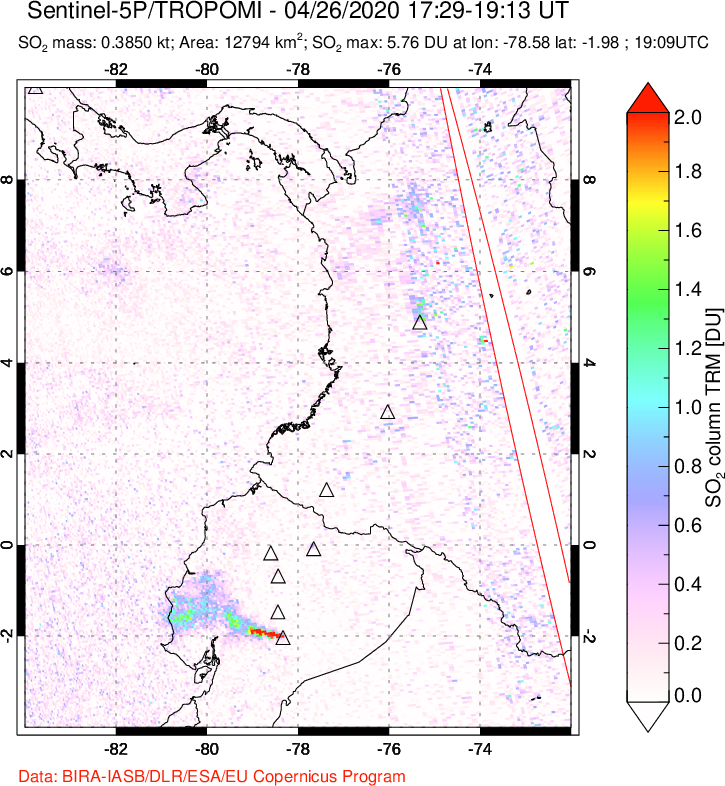 A sulfur dioxide image over Ecuador on Apr 26, 2020.