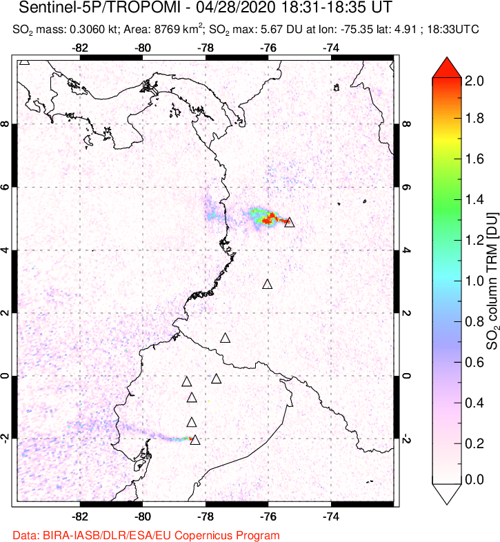 A sulfur dioxide image over Ecuador on Apr 28, 2020.