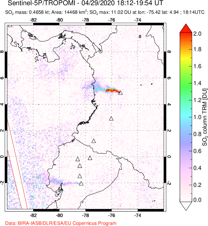 A sulfur dioxide image over Ecuador on Apr 29, 2020.