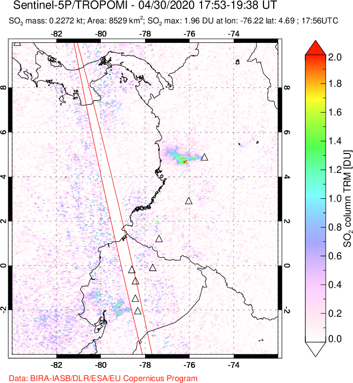 A sulfur dioxide image over Ecuador on Apr 30, 2020.