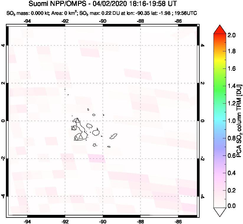 A sulfur dioxide image over Galápagos Islands on Apr 02, 2020.