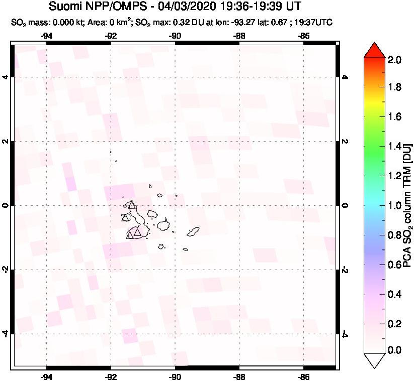 A sulfur dioxide image over Galápagos Islands on Apr 03, 2020.