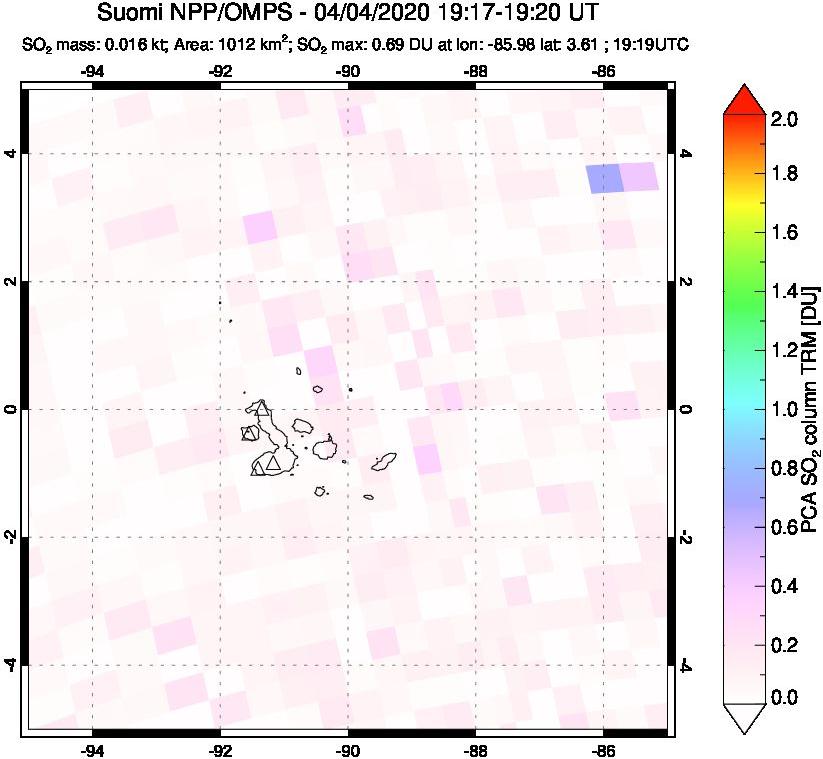 A sulfur dioxide image over Galápagos Islands on Apr 04, 2020.