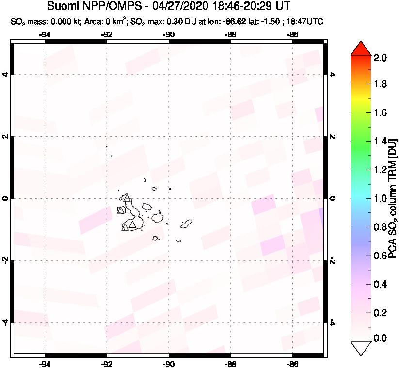 A sulfur dioxide image over Galápagos Islands on Apr 27, 2020.