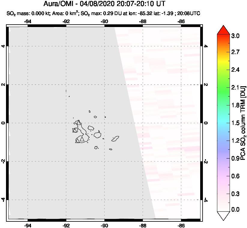 A sulfur dioxide image over Galápagos Islands on Apr 08, 2020.