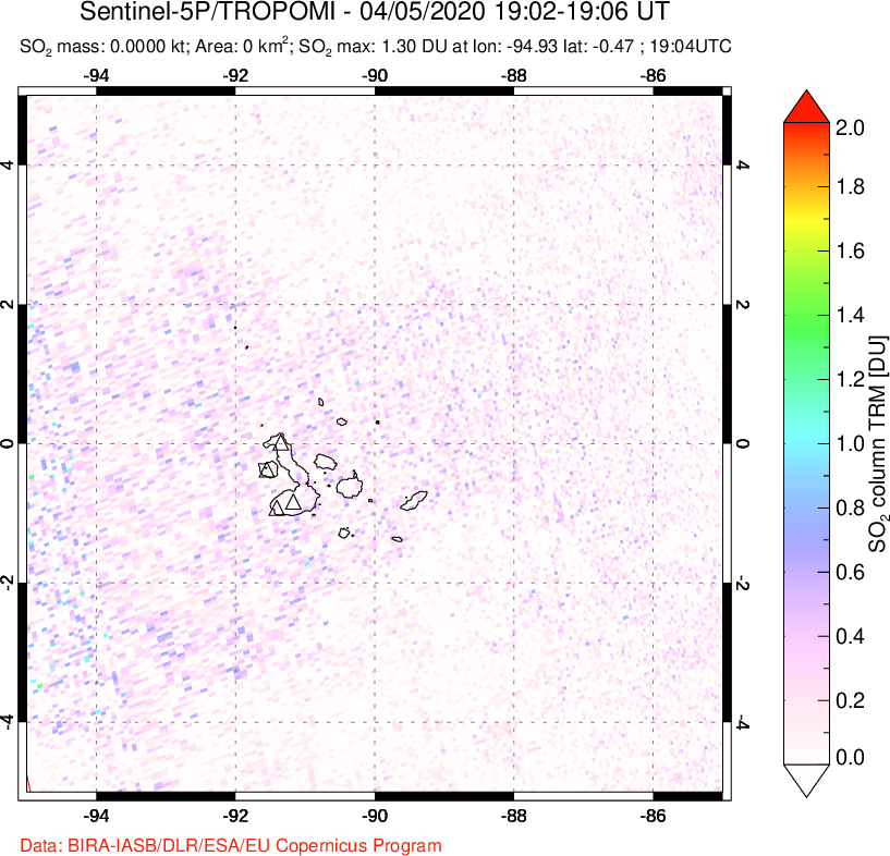 A sulfur dioxide image over Galápagos Islands on Apr 05, 2020.