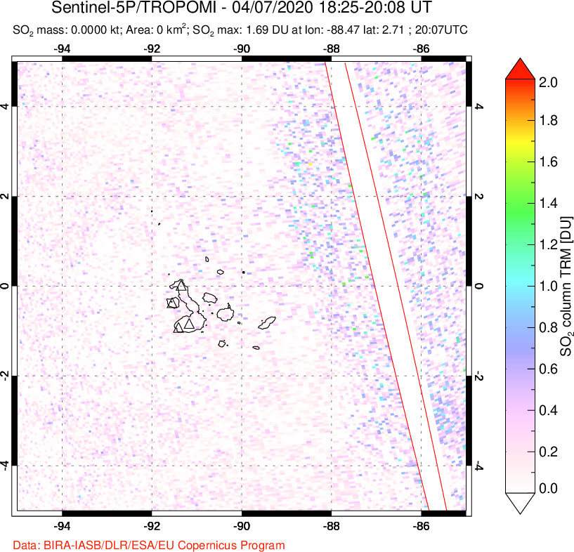 A sulfur dioxide image over Galápagos Islands on Apr 07, 2020.