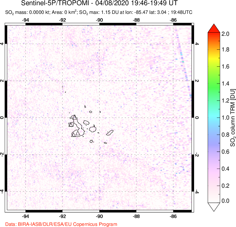A sulfur dioxide image over Galápagos Islands on Apr 08, 2020.