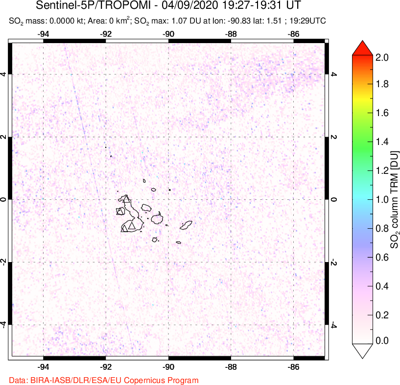 A sulfur dioxide image over Galápagos Islands on Apr 09, 2020.