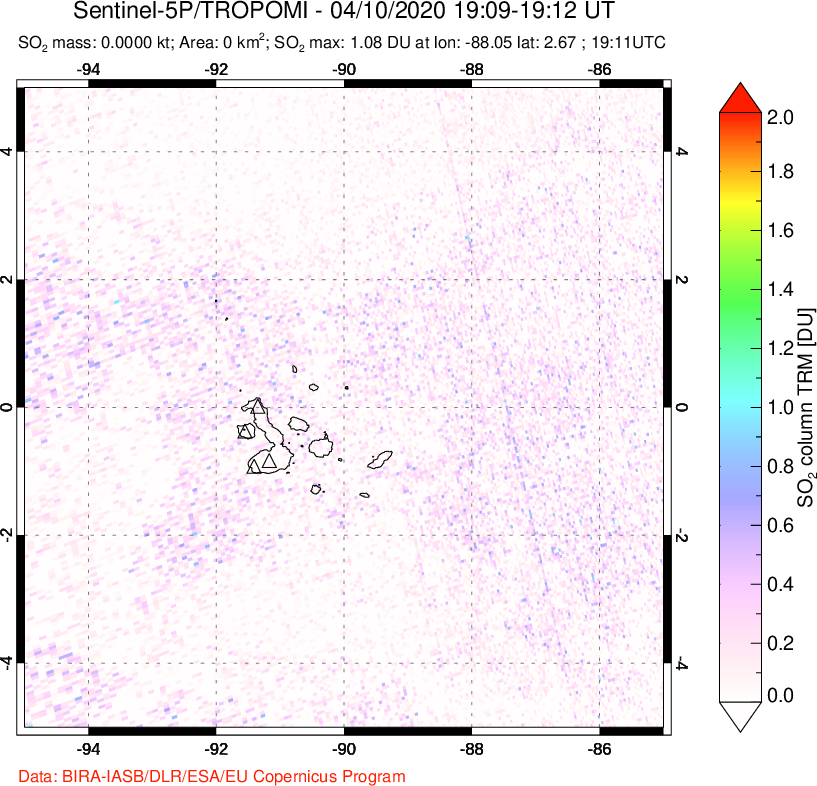 A sulfur dioxide image over Galápagos Islands on Apr 10, 2020.