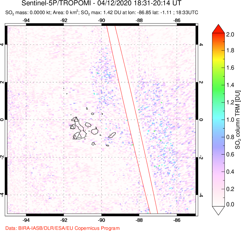 A sulfur dioxide image over Galápagos Islands on Apr 12, 2020.