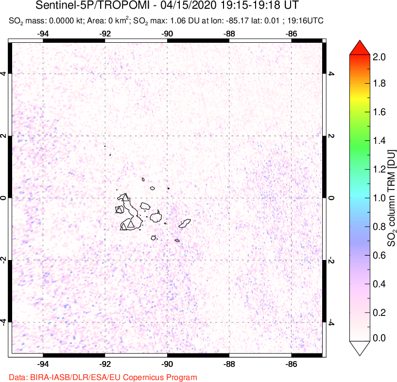 A sulfur dioxide image over Galápagos Islands on Apr 15, 2020.