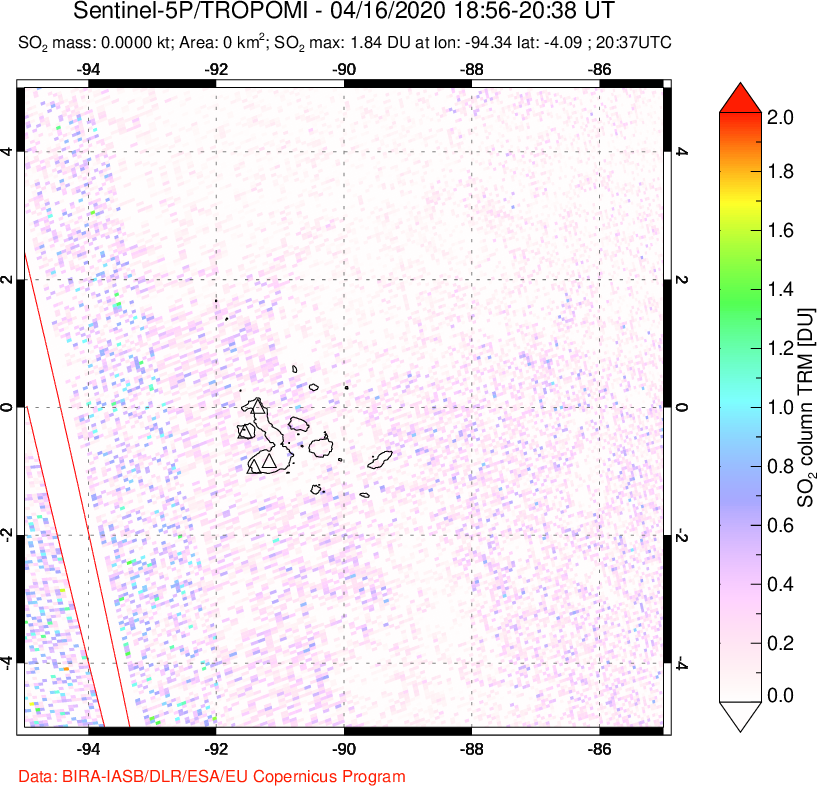 A sulfur dioxide image over Galápagos Islands on Apr 16, 2020.