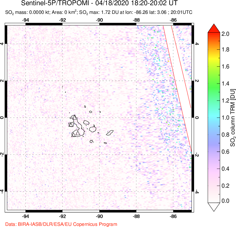 A sulfur dioxide image over Galápagos Islands on Apr 18, 2020.